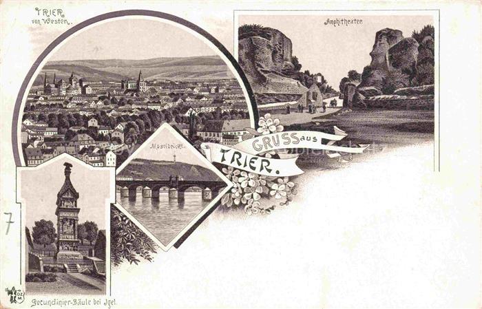 TRIER  CITY Panorama Amphitheater Moselbruecke Secundinier-Saeule in Igel Litho