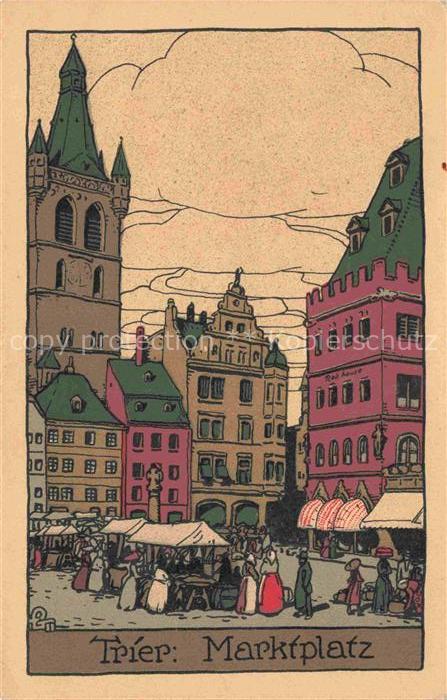 TRIER  CITY Marktplatz Kuenstlerkarte Stein-Zeichnung
