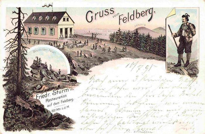 Feldberg 882m Taunus Berggasthof Brunhildenfelsen Wanderer Litho