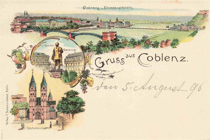 Coblenz KOBLENZ Panorama Ehrenbreitstein von Goeben Denkmal Kastorkirche Litho D