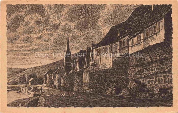 Hirschhorn Neckar Hessen Lauer mit Stadtmauer Kuenstlerkarte