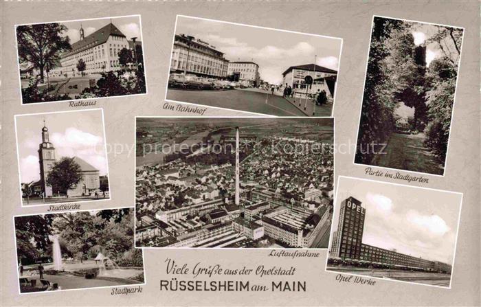 RuessELSHEIM Main Rathaus Bahnhof Partie im Stadtgarten Kirche Stadtpark Luftauf