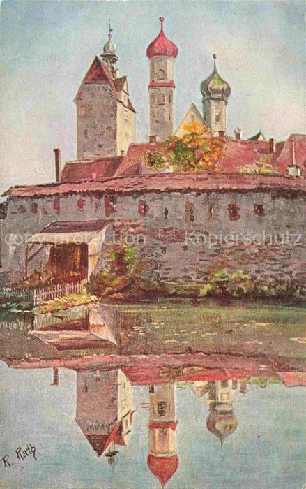 Isny Allgaeu Stadtmauer Kirchtuerme Kuenstlerkarte