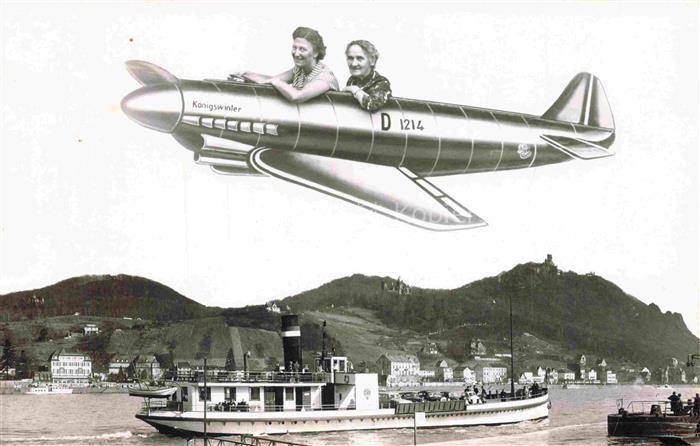 Koenigswinter Panorama Blick ueber den Rhein Dampfer Flugzeug