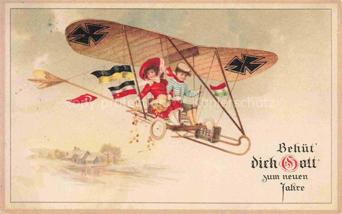 Schwarz Weiss Rot Kinder Child Flugzeug Neujahrgruss Litho