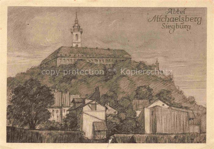 Siegburg NRW Abtei Michaelsberg Kuenstlerkarte Kreidezeichnung von Kunstmaler Le