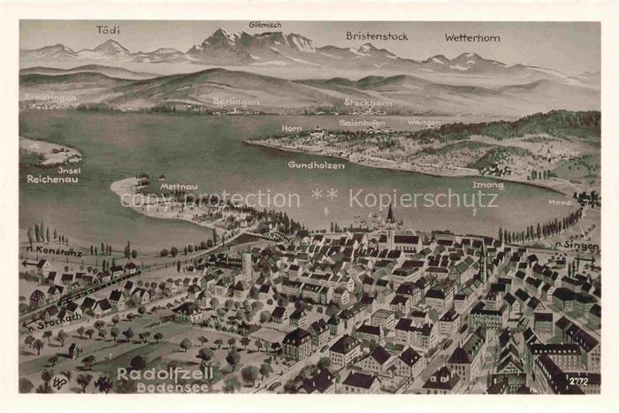 Radolfzell Bodensee Panorama aus der Vogelperspekte Alpen Illustration
