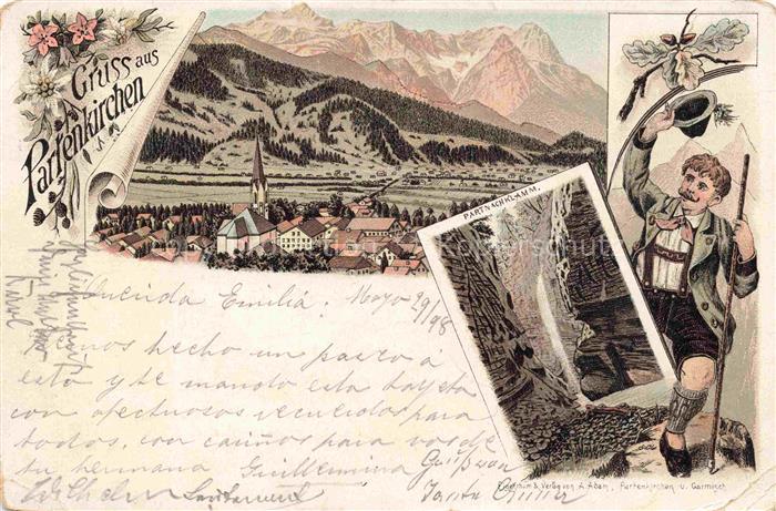 Partenkirchen GARMISCH-PARTENKIRCHEN Bayern Panorama Wasserfall Trachten Litho