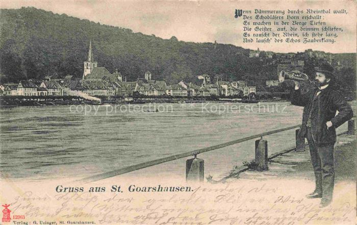 St Goarshausen Rhein Hornblaeser am Rheinufer