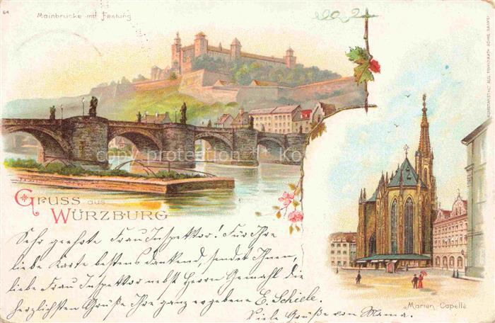 WueRZBURG Bayern Mainbruecke mit Festung Marien-Kapelle Kuenstlerkarte