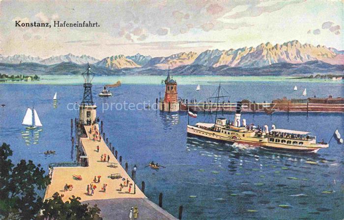 KONSTANZ Bodensee BW Hafeneinfahrt Dampfer Schweizer Alpen Kuenstlerkarte