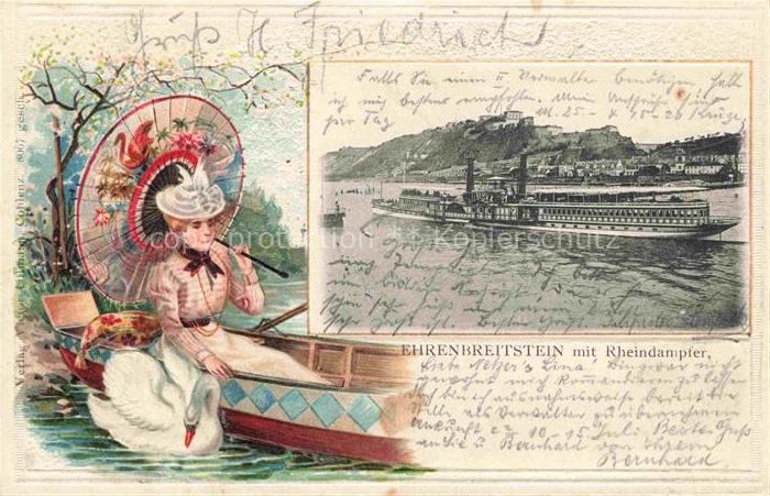 Ehrenbreitstein KOBLENZ Rheindampfer Dame im Boot Schwan Kuenstlerkarte