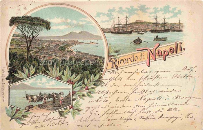 NAPOLI Neapel Naples IT Kuestenpanorama Hafen Segelschiffe Strand Litho