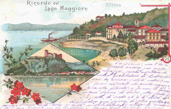 Stresa Borromeo Lago Maggiore IT Panorama Strand Angera Litho