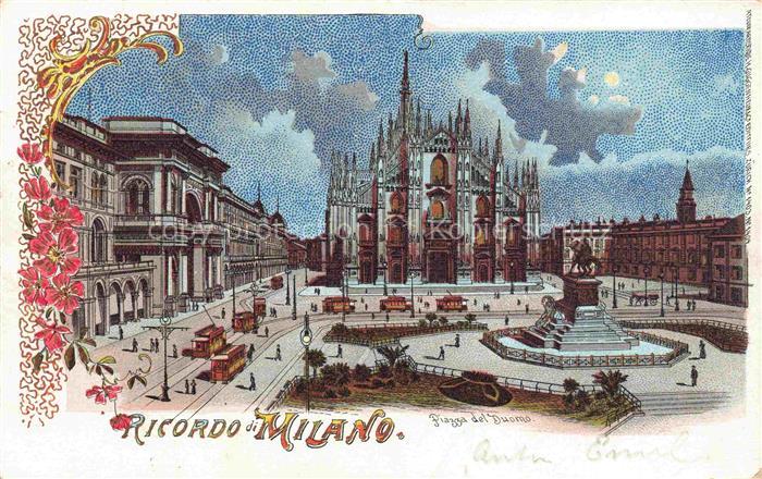 MILANO Mailand IT Piazza del Duomo im Mondschein Denkmal Litho