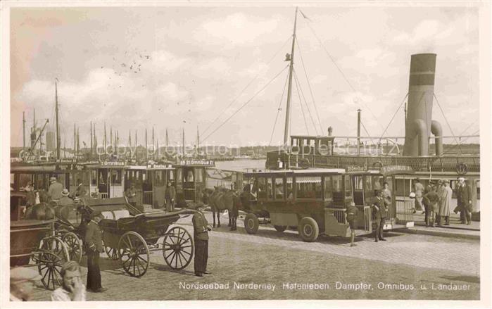 NORDERNEY Nordseebad Hafenleben Dampfer Omnibus und Landauer