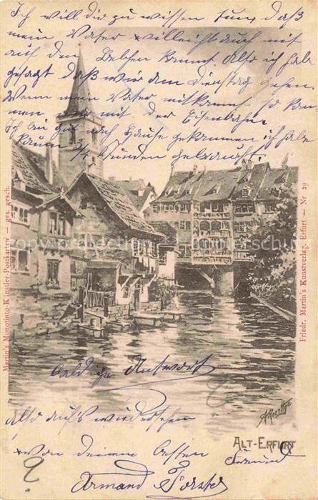 Alt-ERFURT Motiv Altstadt Alte Haeuser am Wasser Kirchturm Kuenstlerkarte