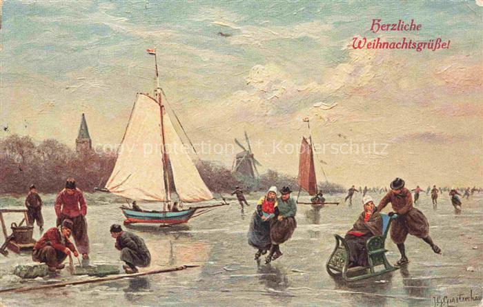 GERSTENHAUER Kuenstlerkarte Weihnachten Eislaufen Segelboot