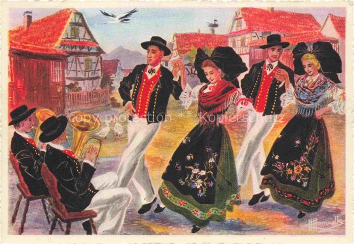 HOMUALK Charles (1909-1996) Kuenstlerkarte Blaesheim la Scottisch Trachten Tanz