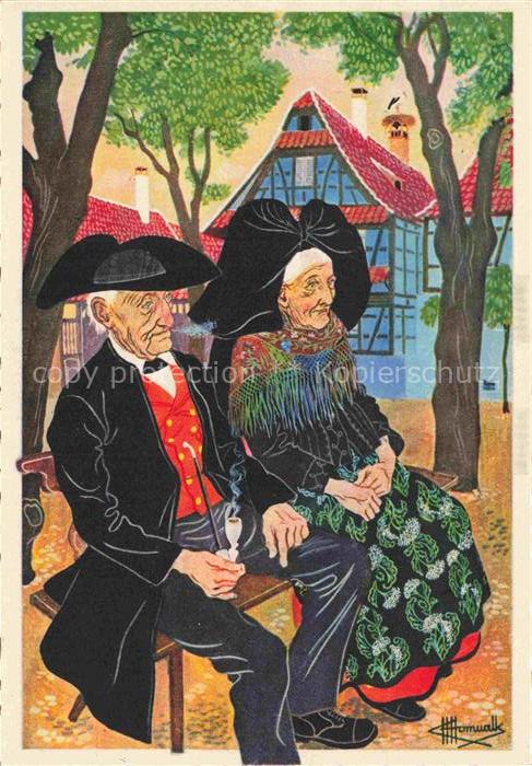 HOMUALK Charles (1909-1996) Kuenstlerkarte Deux bons vieux Trachten Litho