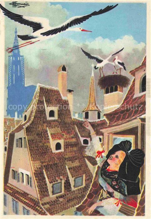 HOMUALK Charles (1909-1996) Kuenstlerkarte Les cigognes de Strasbourg Stoerche T