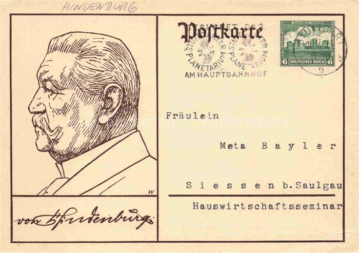 HINDENBURG  Paul von Politik Hauswirtschaftsseminar