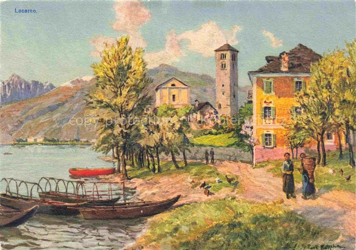 KueNZLI Max Kuenstlerkarte Locarno Boote am Ufer Huehner