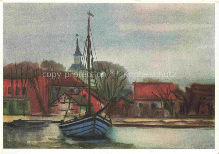 TEUBER Hermann Kuenstlerkarte Dorfansicht Berlin Segelboot