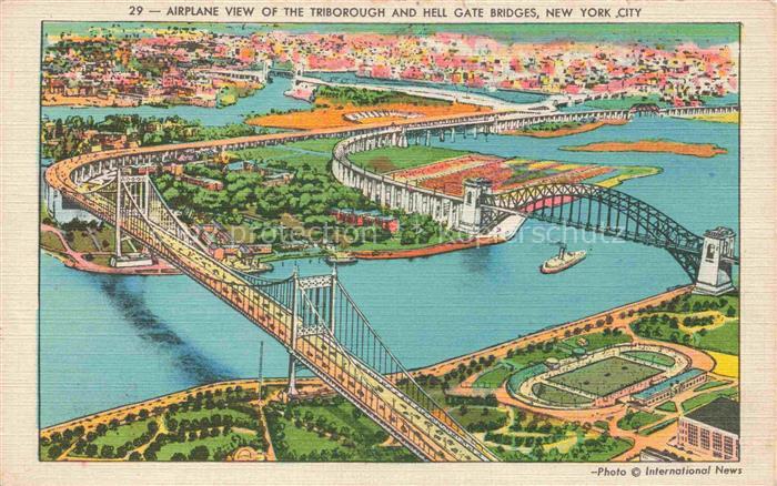 NEW YORK City USA Airplane view of the Triborough Bridge and Hell Gate Bridges I