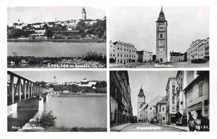 Enns Oberoesterreich AT Panorama Stadtturm Partie an der Enns Neue Bruecke Wiene