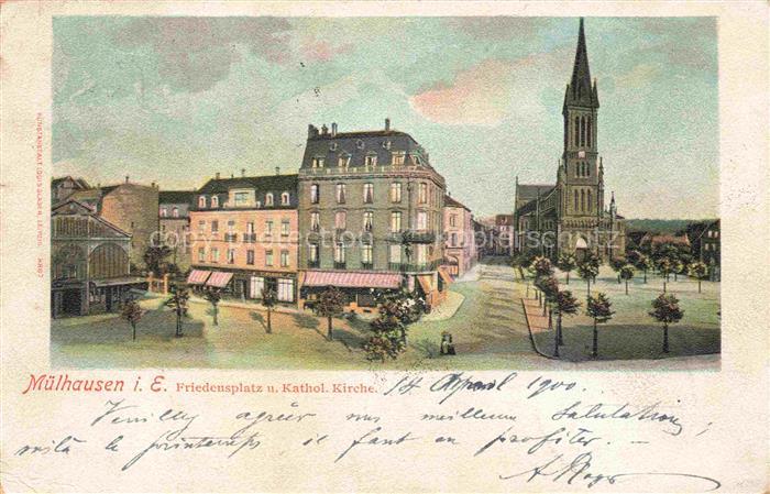 Muelhausen Elsass Friedensplatz und Katholische Kirche