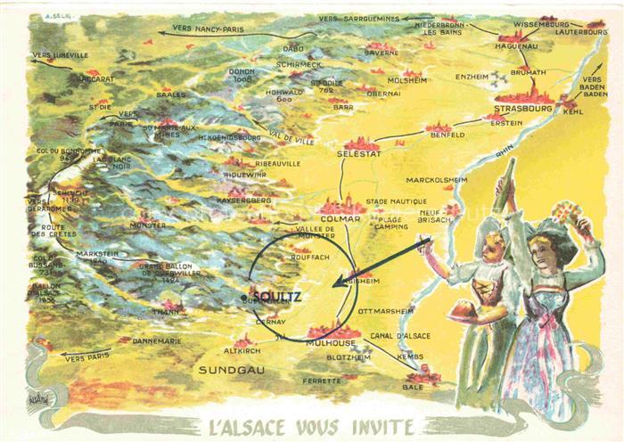 Soultz Elsass Sulz Guebwiller 68 Haut-Rhin Landkarte Vogesen Trachten Hôtel Rest