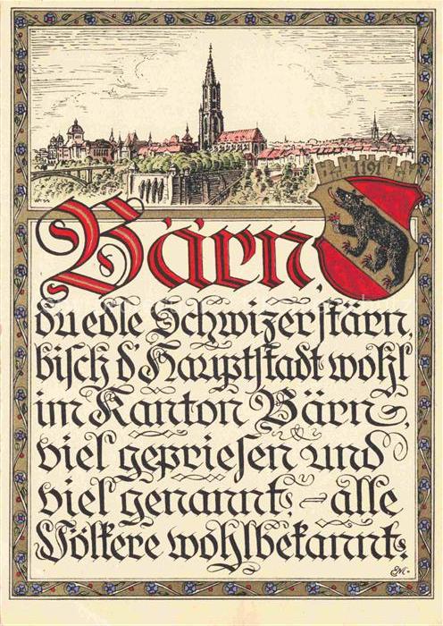 BERN BE Ansicht mit Kirche 750 Jahre Bern E. Mueller Kaligraphie Kuenstlerkarte