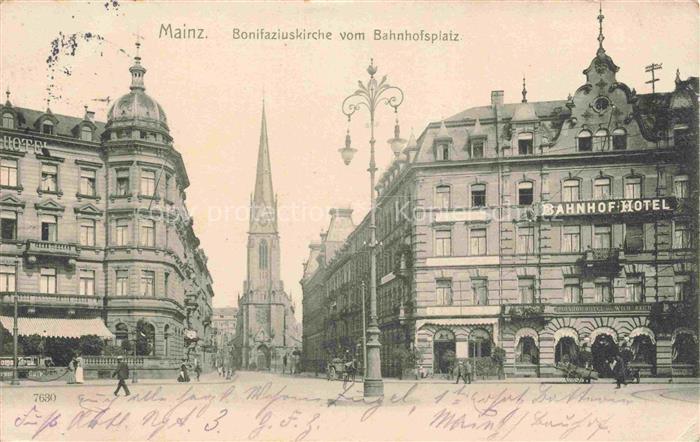 MAINZ  Rhein Bonifaziuskirche vom Bahnhofsplatz aus gesehen Feldpost