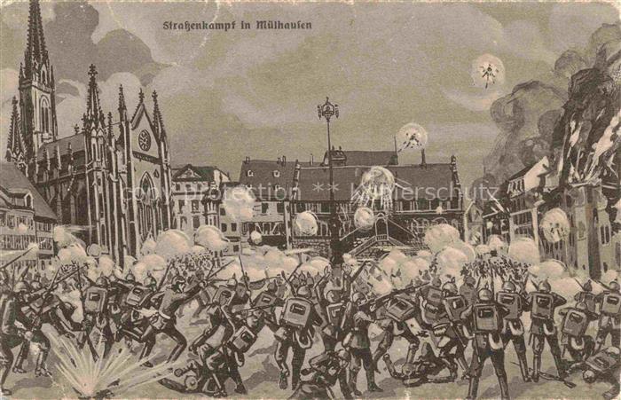 Muelhausen Elsass Strassenkampf in der Stadt Kuenstlerkarte
