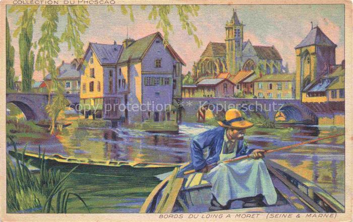 Moret-sur-Loing 77 Seine-et-Marne Bords du Loing Bateau Dessin Kuenstlerkarte