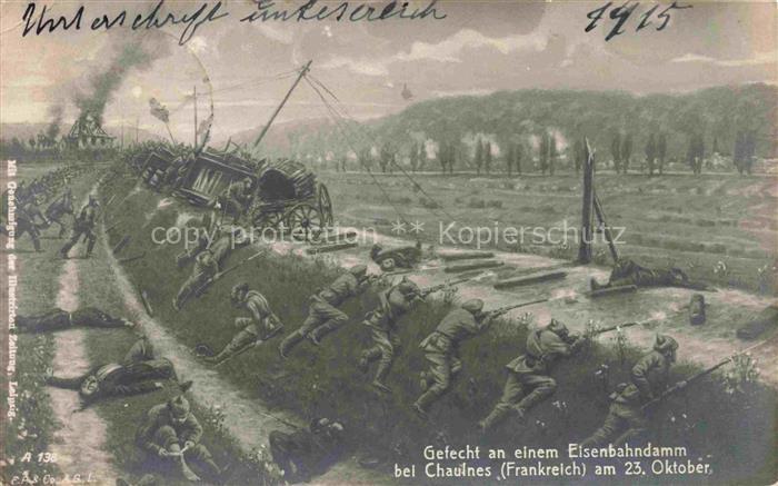 Chaulnes PERONNE 80 Somme Gefecht an einem Eisenbahndamm Kuenstlerkarte