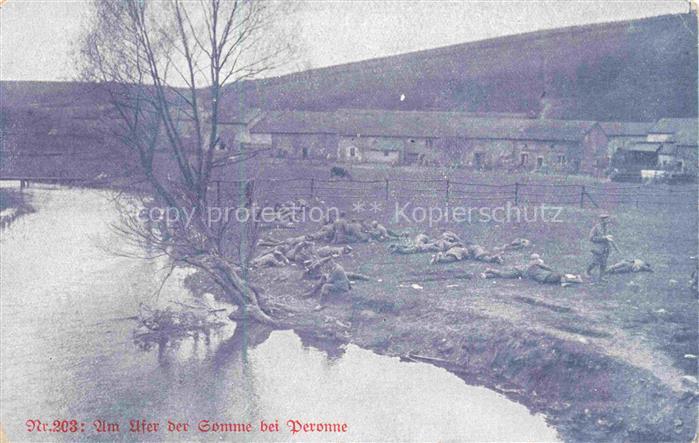 PERONNE 80 Somme Karte Nr. 203 Soldaten am Ufer der Somme Feldpost