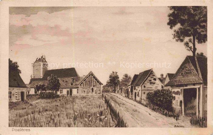 Pozieres PERONNE 80 Somme Vue d'ensemble avec l'église Dessin Adrian Kuenstlerka