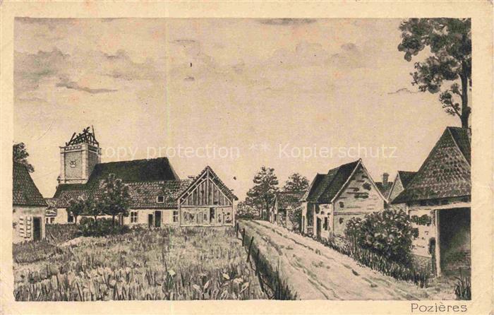 Pozieres PERONNE 80 Somme Vue d'ensemble et l'église Dessin Adrian Kuenstlerkart