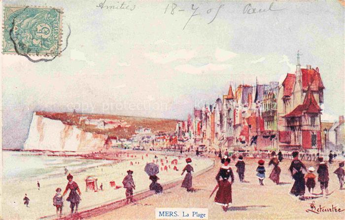 MERS-LES-BAINS MERS-SUR-MER Abbeville 80 Somme La Plage Promenade Dessin Kuenstl