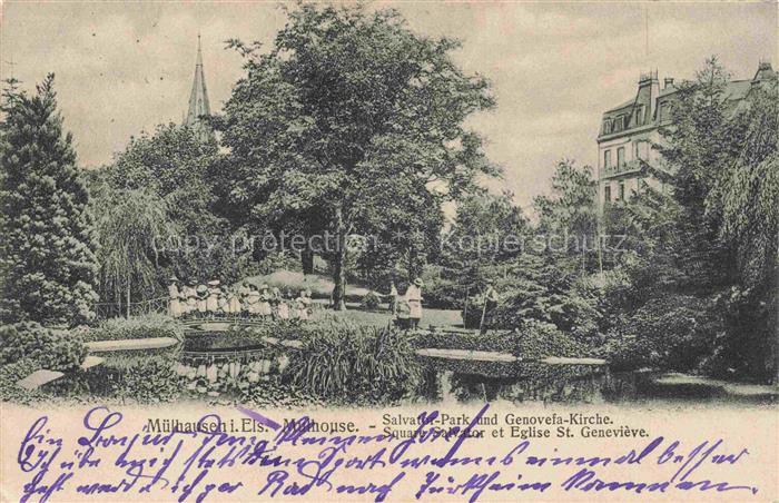 Muelhausen Elsass Salvator-Park und Genovefa-Kirche