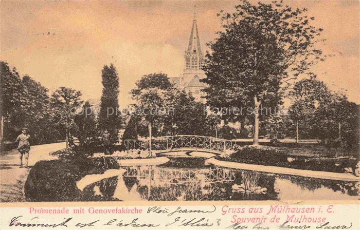 Muelhausen Elsass Promenade mit Genovefakirche