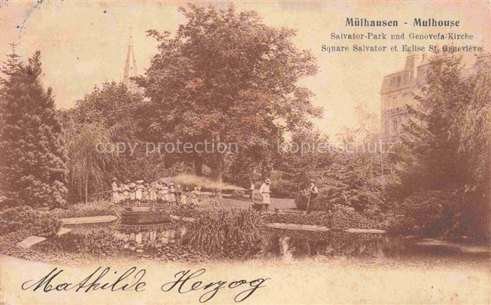 Muelhausen Elsass Salvator-Park und Genovefa-Kirche