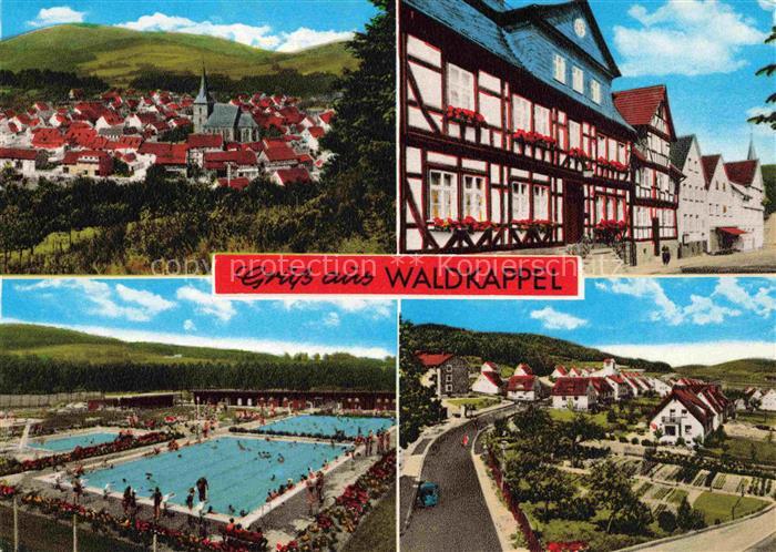 Waldkappel Hessen Ortsansicht mit Kirche Fachwerkhaus Freibad