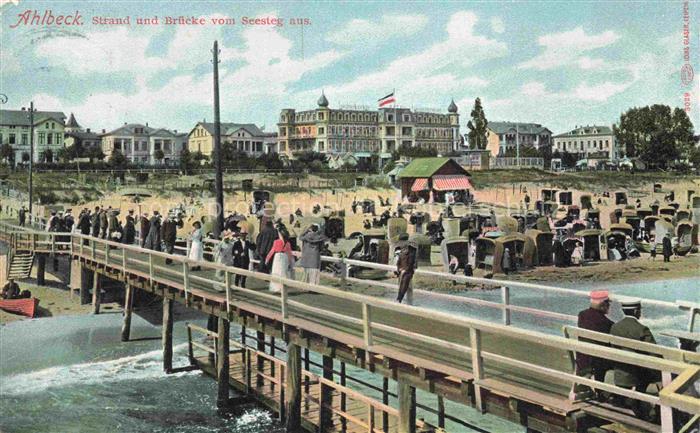 AHLBECK HERINGSDORF Insel Usedom Ostseebad Strand und Bruecke vom Seesteg aus ge