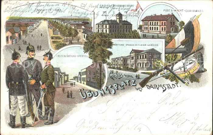 Darmstadt uebungsplatz Preussisches Stabsgebaeude Baracken-Lager Litho