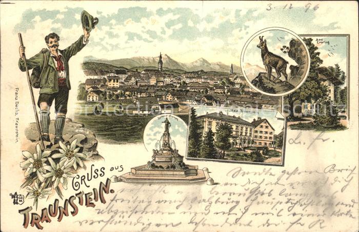 Traunstein Oberbayern Luitpold-Brunnen Wanderer Edelweiss Litho