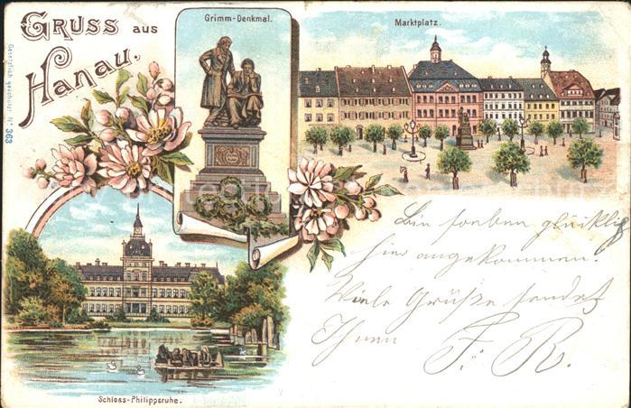 Hanau Main Marktplatz Grimm-Denkmal Schloss-Philippsruhe Litho