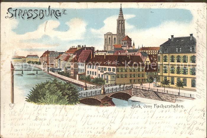 Strassburg Elsass Vlick vom Fischerstaden Litho